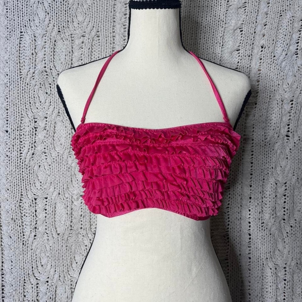 2000s Hot Pink halter neck bikini top with ruffles